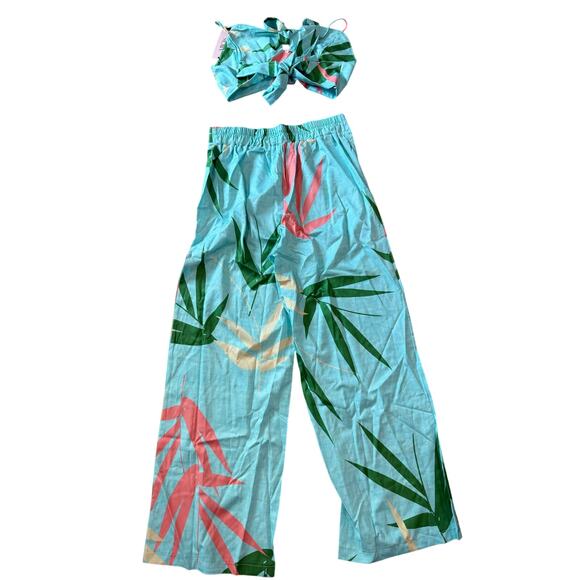 Micas Bamboo Leaf Print Knot Tropical Boho Resort Cami Top And Pants Set Blue XL - Picture 3 of 9